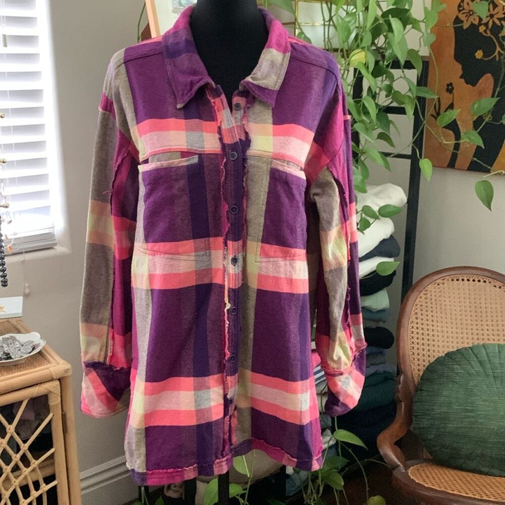 Free People We The Free So Long Summer Preppy Plaid Button Up Boho Flannel Top - Picture 2 of 7